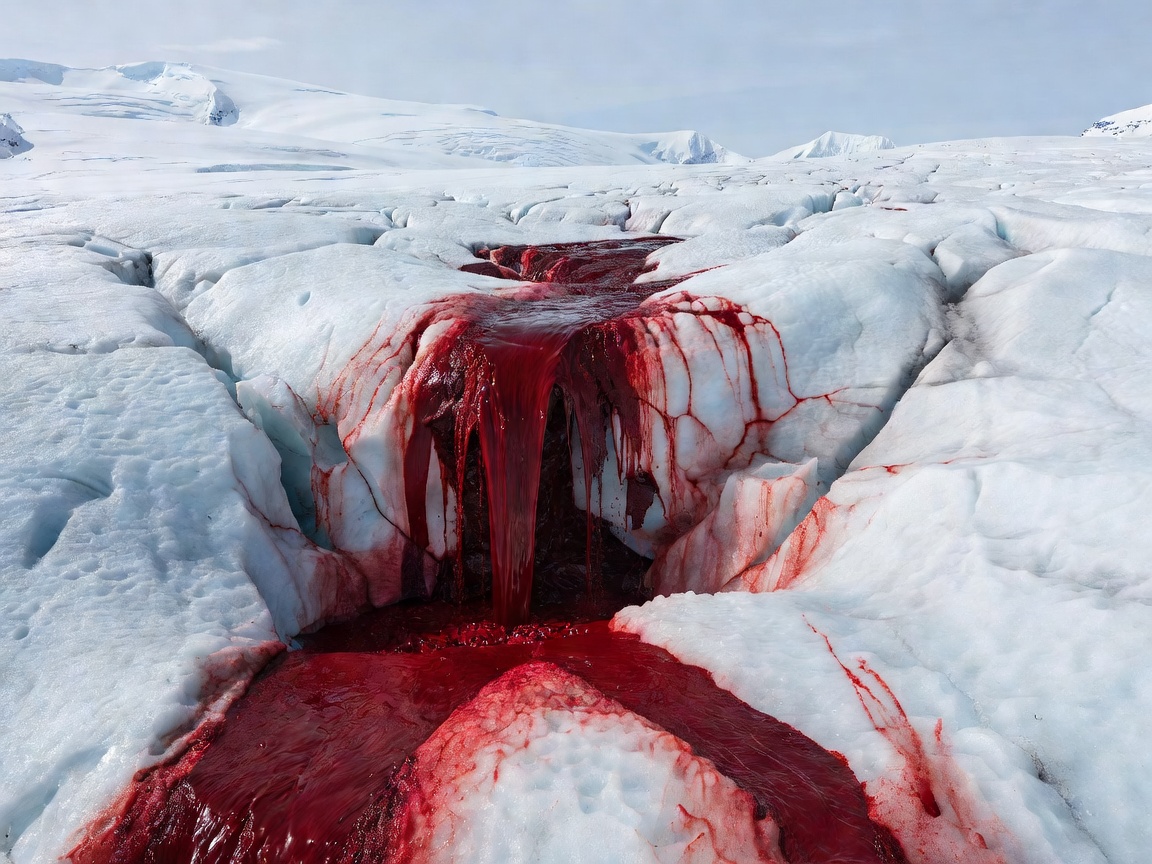 Blood falls subglacial outflow staining white glacier ice red with iron oxide solution