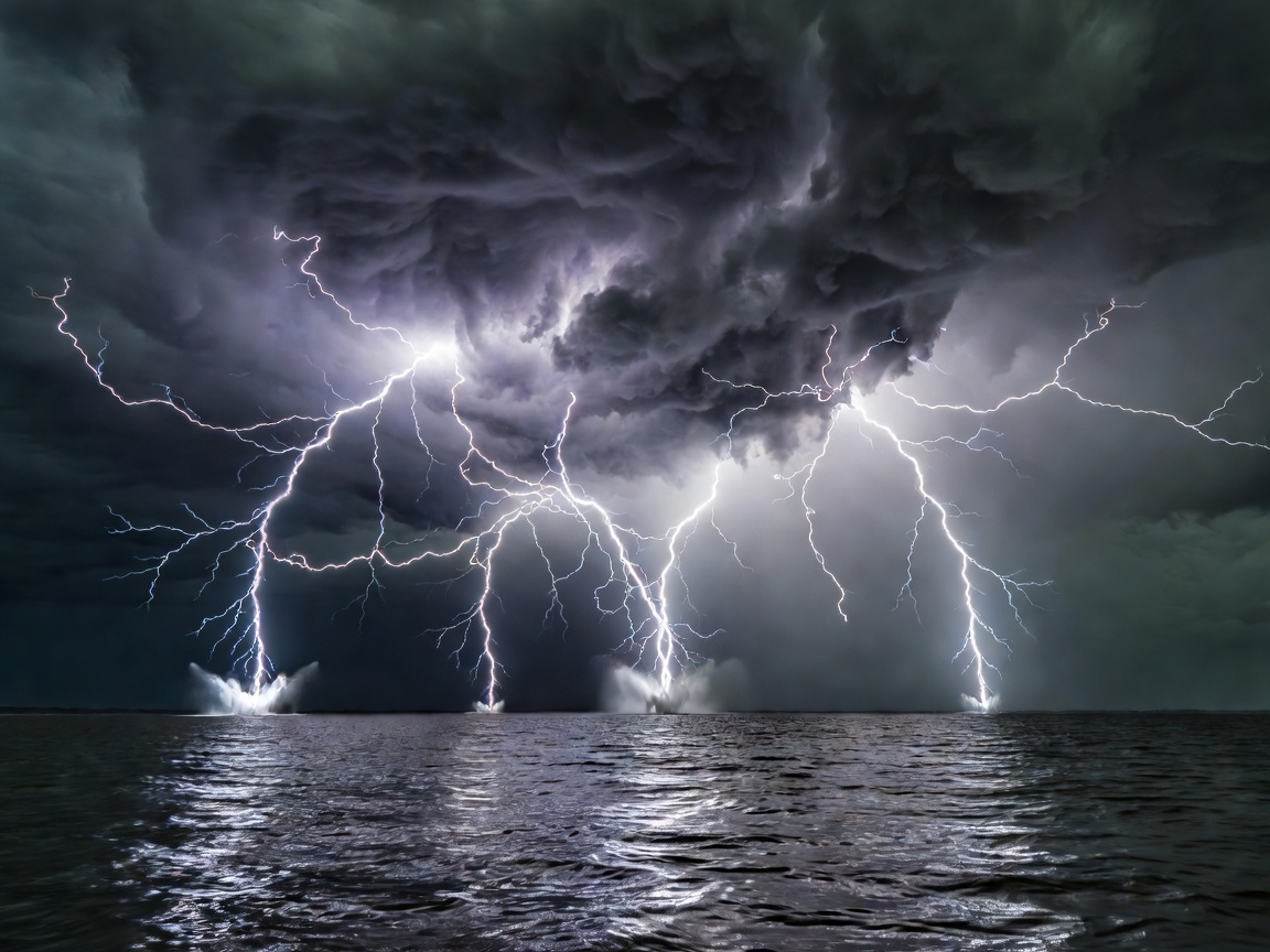 High-speed photograph of multiple cloud-to-water lightning bolts striking Lake Maracaibo at night