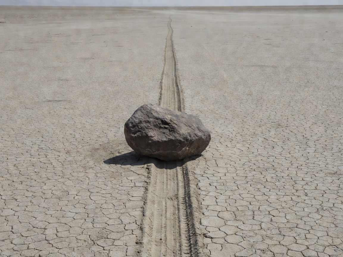 Large boulder on Racetrack Playa leaving a continuous carved track in dry mud