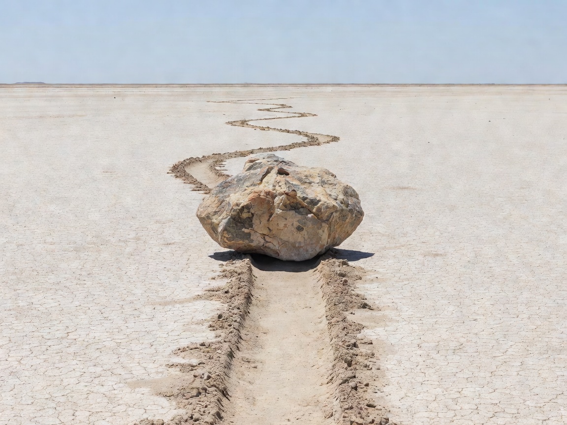 Heavy boulder leaving a long drag track across flat dry playa mud lakebed