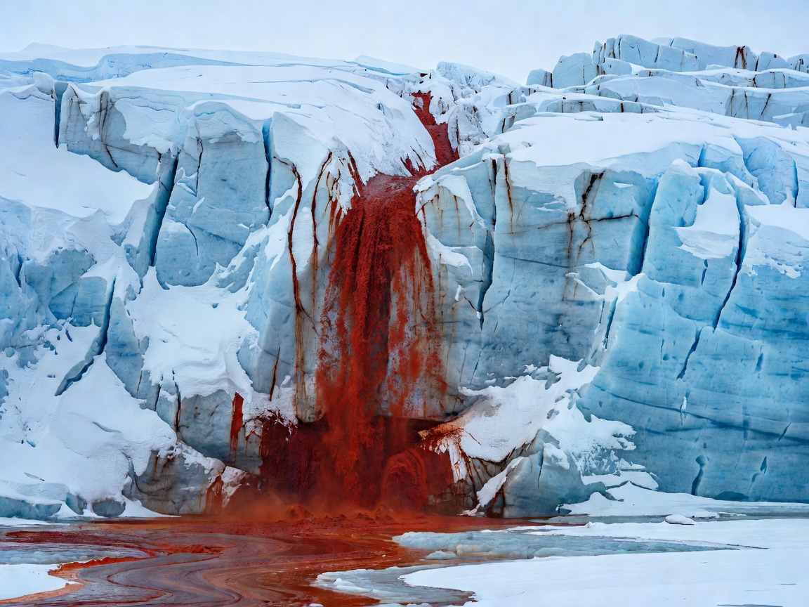 Red iron oxide runoff exiting subglacial Antarctic ice wall